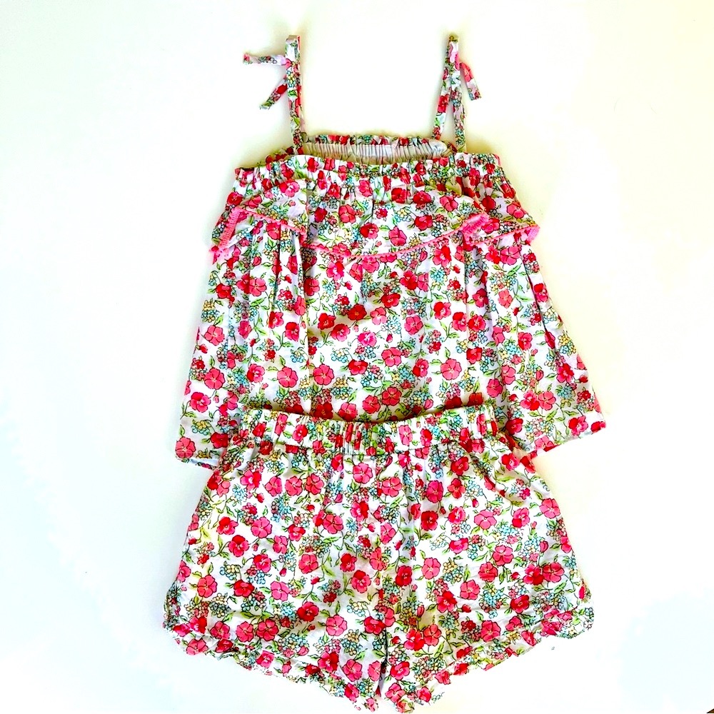 Janie and Jack Salmon Rose Floral Ruffle Top and Floral Ruffle Hem Short, Size 7
